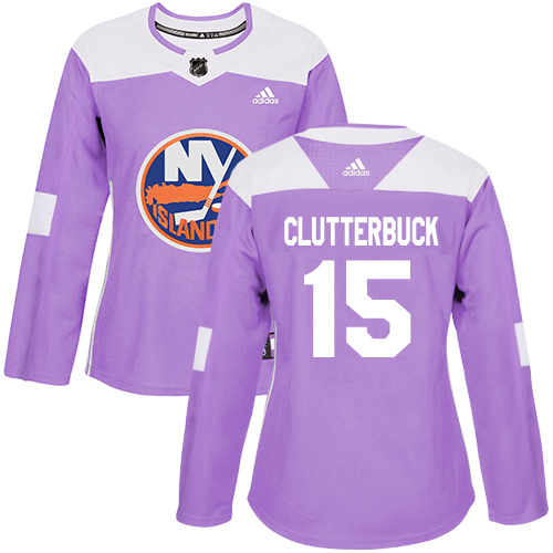 Adidas Islanders #15 Cal Clutterbuck Purple Authentic Fights Cancer Women's Stitched NHL Jersey - Click Image to Close